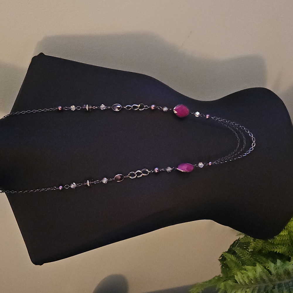 Unique long metallic necklace with purple gemstones